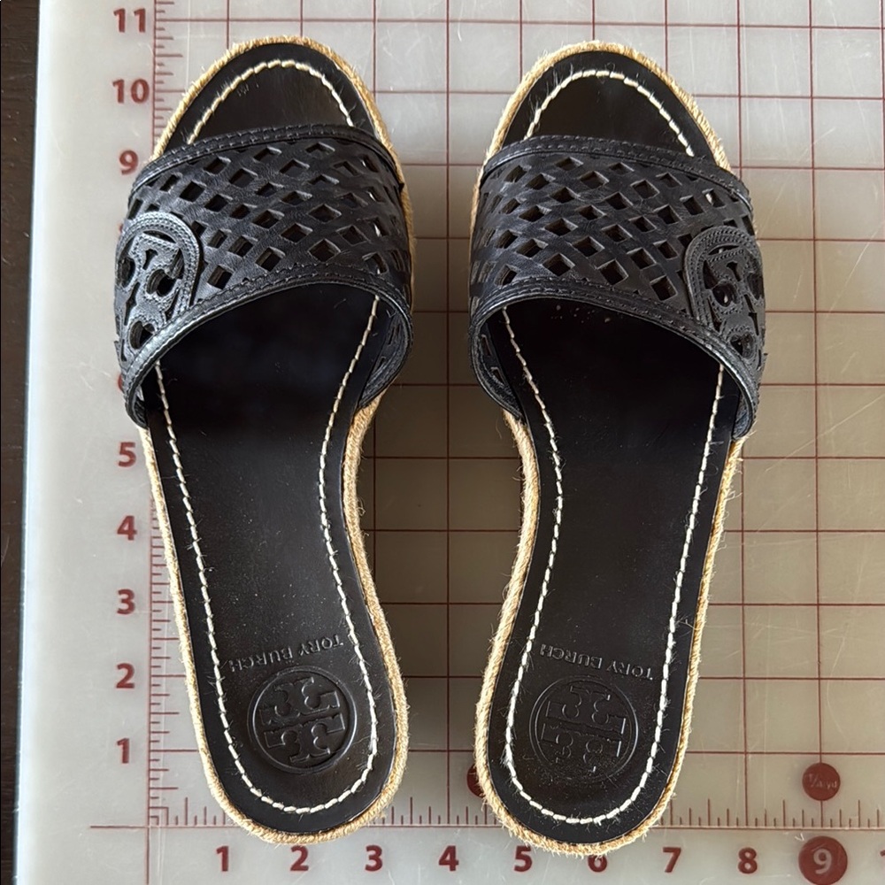 Tory Burch Thatched Perforated Wedge Sandal black leather Women's 7 M